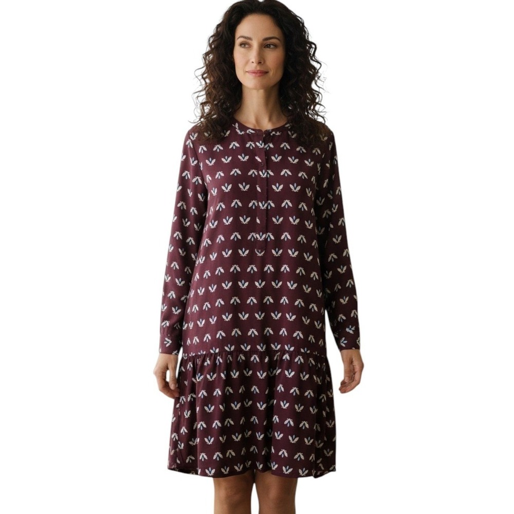 Ann Taylor LOFT Burgundy Print Dress Drop Waist Relaxed Fit Mod Office Large